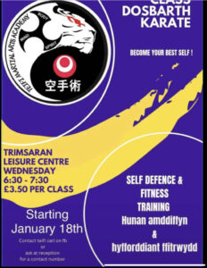 Flyer for Karate Fitness training class at Trimsaran Leisure Centre every Wednesday 6:30 - 7:30
